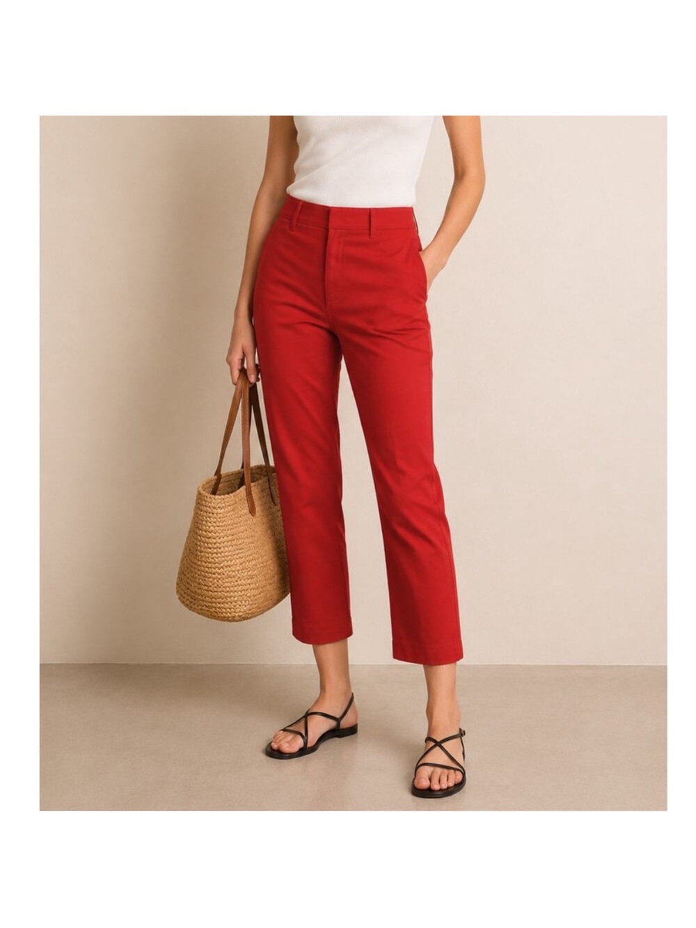High-Rise Cropped Red Straight-Leg Pants